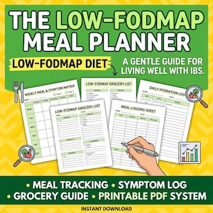 May include: A printable Low-FODMAP meal planner system featuring a weekly meal and symptom matrix, grocery lists, a daily hydration log, and a meal logging sheet. The green and white pages include text headers and icons of cutlery, a magnifying glass with food, and a bar chart.