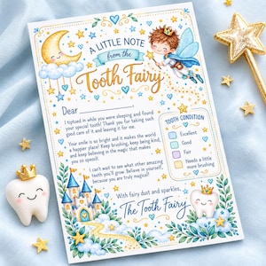 May include: A rectangular note from the Tooth Fairy featuring a cartoon fairy, a crescent moon, a castle, and a tooth character. The text reads A LITTLE NOTE from the Tooth Fairy, Dear, and includes a checklist for tooth condition.