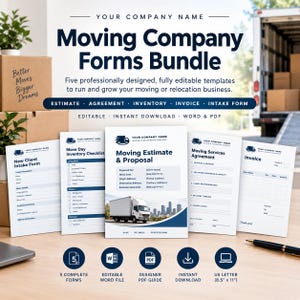 Op de afbeelding: Een digitaal pakket met vijf zakelijke formulieren voor verhuisbedrijven, waaronder een intakeformulier, inventarislijst, offerte, overeenkomst en factuur. De sjablonen zijn 21,59 x 27,94 cm, bewerkbaar in Word en PDF, in wit en blauw.