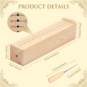 May include: A light-colored wooden jig for paracord braiding, measuring 8.86 inches long, 1.97 inches wide, and 2.17 inches high. It features numbered markings from 2 to 20, a 0.39-inch hole spacing, and includes a metal awl with a wooden handle.