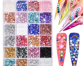 24-rutigt hartsstrasskit | Färgglatt glitternagel och gör-det-själv-dekoration (runda pärlor med platta baksidor)