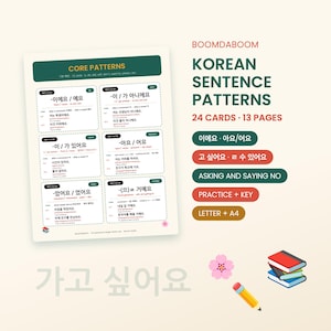 May include: A set of Korean sentence pattern study cards featuring 24 cards across 13 pages. The document includes text titled BOOMDABOOM KOREAN SENTENCE PATTERNS, CORE PATTERNS, and various Korean grammar examples. Includes a small cherry blossom icon, a pencil, and a stack of books.