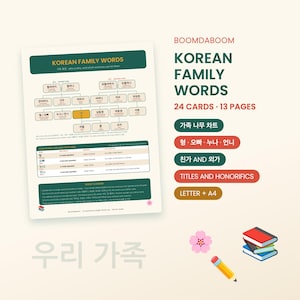 May include: A digital educational chart titled KOREAN FAMILY WORDS featuring a family tree diagram, a table explaining honorifics, and a section of notes. The document includes 24 cards and 13 pages, with text in English and Korean, plus a pencil and books.