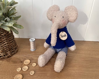 Personalised boucle elephant plush with shorts and sweater