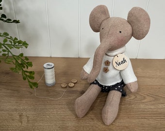 Personalised wool blend elephant plush with shorts and star sweater