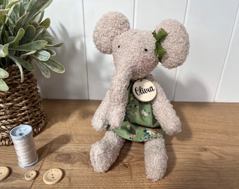 Personalised boucle elephant plush with Tilda dress