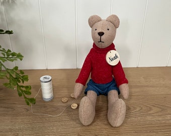 Personalised wool blend bear plush with shorts and sweater