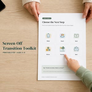 以下が含まれることがあります： 3歳から6歳向けの「Screen-Off Transition Toolkit」と題された白い印刷用PDF。水、おやつ、本、ブロック、外遊び、お風呂という6つのアクティビティを表すアイコンのグリッドと、次のステップを選択するためのテキストプロンプトが記載されています。