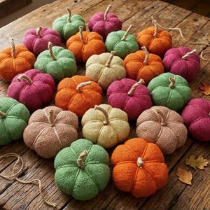 May include: A collection of small, round, fabric-covered pumpkins in various colours including orange, green, pink, and beige. Each pumpkin features a textured surface and a short, twisted jute twine stem attached to the top centre.