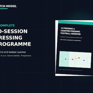 May include: A dark blue digital document titled 10 PRESSING & COUNTER-PRESSING FOOTBALL SESSIONS for U12-U16 coaches. The cover features a teal header, white text, and a graphic of a football pitch with red and blue dots indicating player movement.