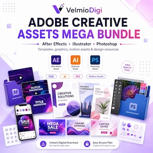 Op de afbeelding: Een digitaal productpakket genaamd VelmioDigi Adobe Creative Assets Mega Bundle met sjablonen voor After Effects, Illustrator en Photoshop. Bevat diverse grafische ontwerpmiddelen, motion assets en marketingbanners in paars en wit.