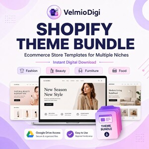 Op de afbeelding: Een digitale productadvertentie voor de VelmioDigi Shopify Theme Bundle met e-commerce winkel-sjablonen voor mode, beauty, meubels en voeding. De afbeelding toont een laptopscherm met website-layouts, een stapel thema-bundelpictogrammen en tekst waaronder Instant Digital Download, Google Drive Access en Easy to Use.