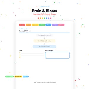 以下が含まれることがあります： Brain & Bloom Undated ADHD-Friendly Plannerというタイトルのデジタルプランナーページ。Everything on my mind、Top 3 that actually matter、The ONE thing todayのフィールドがあるFunnel It Downセクションと、Top 3リストおよびボックスが含まれています。