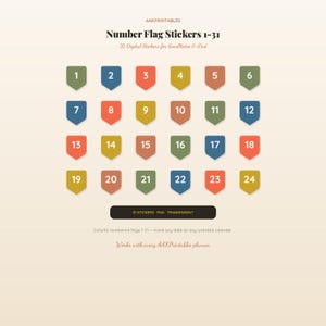 Puede incluir: Un conjunto de pegatinas digitales con forma de bandera numeradas del 1 al 24, en varios colores apagados como azul, rojo, amarillo y verde. El texto dice AAKPRINTABLES, Number Flag Stickers 1-31, 31 Digital Stickers for GoodNotes & iPad, 31 STICKERS - PNG - TRANSPARENT, Colorful numbered flags 1-31 - mark any date on any undated calendar, y Works with every AAKPrintables planner.