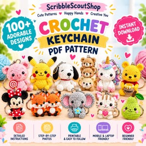 Puede incluir: Un patrón PDF digital para más de 100 llaveros de ganchillo con personajes de hilo coloridos que incluyen un cerdo, Pikachu, Snoopy, osos, un unicornio, Winnie the Pooh, Minnie Mouse, zorros, un elefante, un gato y una pera. Incluye fotos paso a paso.