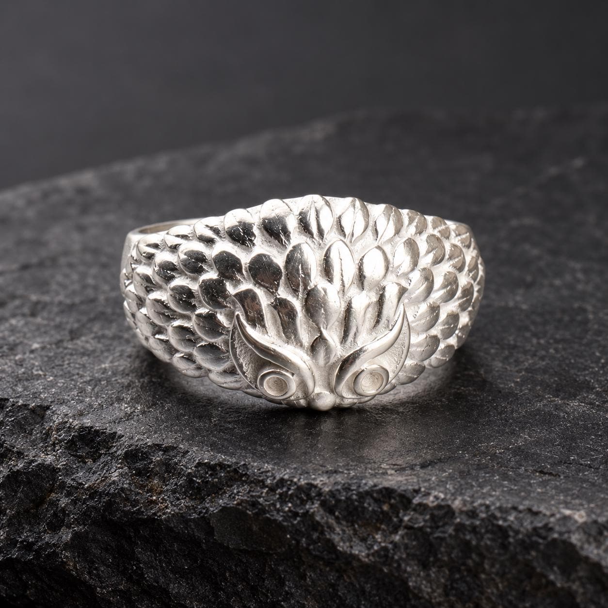 Sterling Silver Owl Ring, Sculptural Feather Band, Nature-Inspired Statement Jewelry
