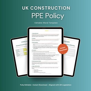 Puede incluir: Una plantilla de documento digital titulada UK CONSTRUCTION PPE Policy Editable Word Template. La pantalla muestra tres tabletas con texto sobre equipos de protección personal, criterios de evaluación de riesgos y procedimientos con un icono de estrella naranja.