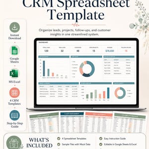 May include: A digital CRM spreadsheet template for business organization. The display shows a dashboard with charts, lead tracking, and project management data. Includes icons for Google Sheets, MS Excel, and a step-by-step guide. Text reads Premium Business Planner.