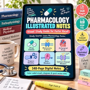 May include: A digital tablet displaying Pharmacology Illustrated Notes with a dark blue background, featuring medical diagrams of drug classes, mechanisms of action, and heart anatomy, alongside text highlighting 148 pages and study guides.