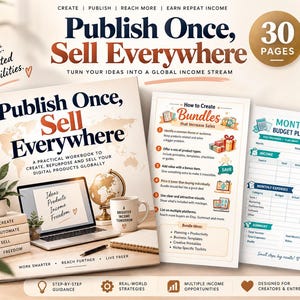 Op de afbeelding: Een digitaal werkboek van 30 pagina's getiteld Publish Once, Sell Everywhere, met een laptop, wereldbol en mok op de omslag. Bevat een gids voor het maken van bundels en een sjabloon voor een maandelijkse budgetplanner voor makers.