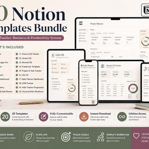 Puede incluir: Un paquete digital de 20 plantillas de Notion para planificación, seguimiento y productividad. La pantalla muestra varias interfaces de panel en una computadora portátil, tableta y teléfono inteligente, incluyendo planificadores y rastreadores.