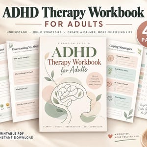 Peut inclure: Un cahier d'exercices de thérapie TDAH pour adultes comprenant 40 pages en format PDF imprimable. La couverture présente le profil d'une tête avec un cerveau enchevêtré, entouré de formes pastel. Les pages intérieures incluent un planificateur quotidien, des stratégies d'adaptation et un suivi de progression avec des cases à cocher et des icônes d'humeur.