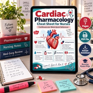 Könnte beinhalten: Ein digitales Tablet mit einem Spickzettel zur kardialen Pharmakologie für Pflegekräfte, der eine anatomische Herzillustration, Medikamentenkategorien und medizinische Symbole zeigt. Daneben liegen ein Stethoskop, ein Notizbuch und Haftnotizen.