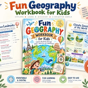 Puede incluir: Un libro de ejercicios de geografía para niños con una portada colorida que muestra un globo terráqueo, monumentos y un niño con binoculares. El conjunto incluye páginas imprimibles sobre monumentos famosos y zonas climáticas, 44 páginas.