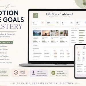Notion Life Goals Mastery Template, Personal Growth Dashboard (Digital Download)