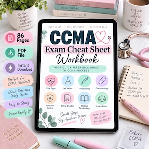 Może przedstawiać: Cyfrowy tablet wyświetlający 86-stronicowy zeszyt ćwiczeń do egzaminu CCMA. Ekran zawiera ikony dotyczące parametrów życiowych, wartości laboratoryjnych, flebotomii, farmakologii, kontroli zakażeń, rozliczeń, kodowania oraz prawa i etyki.