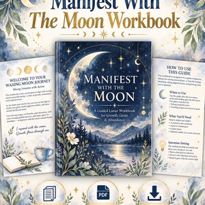 Op de afbeelding: Een digitaal werkboek getiteld Manifest With The Moon met een donkerblauwe nachtelijke hemel, een grote maansikkel, sterren en een bergmeerlandschap. De set bevat instructiepagina's, een printbare PDF van 20 pagina's en een downloadicoon.