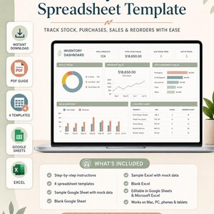 Inventory Tracker Google Sheets & Excel Template, Stock Manager, Product Sales Log, Reorder Alerts and Profit Margin Spreadsheet