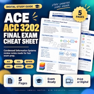 May include: A digital study guide titled ACE ACC 3202 Final Exam Cheat Sheet for Accounting Information Systems. The document includes 5 pages of condensed notes covering AIS, SQL, BPMN, ERD, COSO, and ERP systems with diagrams and tables.