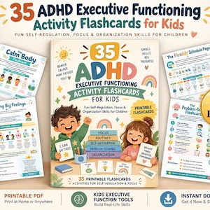 Può includere: Un set di 35 schede di attività sulle funzioni esecutive ADHD per bambini, con un'illustrazione centrale di due bambini e testo colorato, circondato da quattro pagine di esempio su autoregolazione, concentrazione e capacità organizzative.