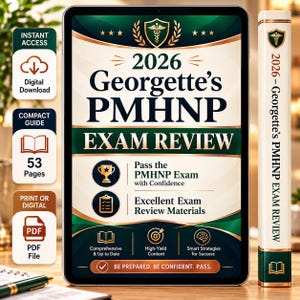 Könnte beinhalten: Ein digitales Tablet mit dem Cover von 2026 Georgette's PMHNP Exam Review in Grün und Gold, neben einem passenden Buchrücken. Der Bildschirm zeigt Text, Symbole und Details zum Studienführer, einschließlich 53 Seiten.