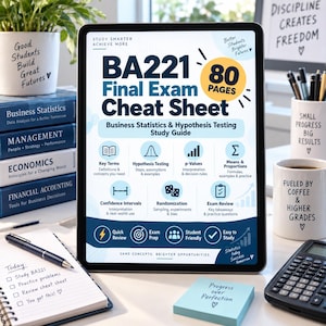 Op de afbeelding: Een digitale tablet met een BA221 Final Exam Cheat Sheet voor bedrijfsstatistiek en hypothesetesten. Het scherm toont 80 pagina's, iconen voor kernbegrippen, p-waarden en betrouwbaarheidsintervallen, met tekst zoals Study Smarter Achieve More.