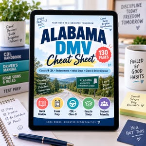 May include: A tablet displaying an Alabama DMV Cheat Sheet study guide with a road landscape background. The text includes 'ALABAMA DMV Cheat Sheet', '130 PAGES', 'Class A/B CDL', 'Endorsements', 'Initial Steps', 'Class D Driver License', and various study icons.