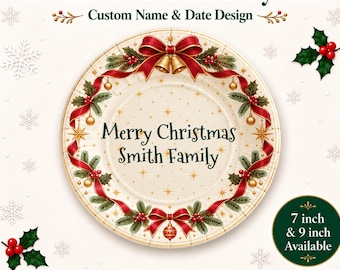 May include: A round paper plate featuring a cream background with gold stars, a red ribbon border, holly leaves, and two gold bells. The center text reads Merry Christmas SMITH FAMILY. The plate is available in 7 inch and 9 inch sizes.