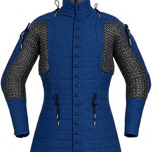 Medieval Blue Quilted Gambeson with Chainmail Sleeves – Arming Jacket for LARP, Reenactment & Costume