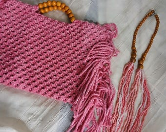 Handcrafted Pink Knit Tote Bag with Wooden Handles, Boho Fringe, Beaded Necklace Set