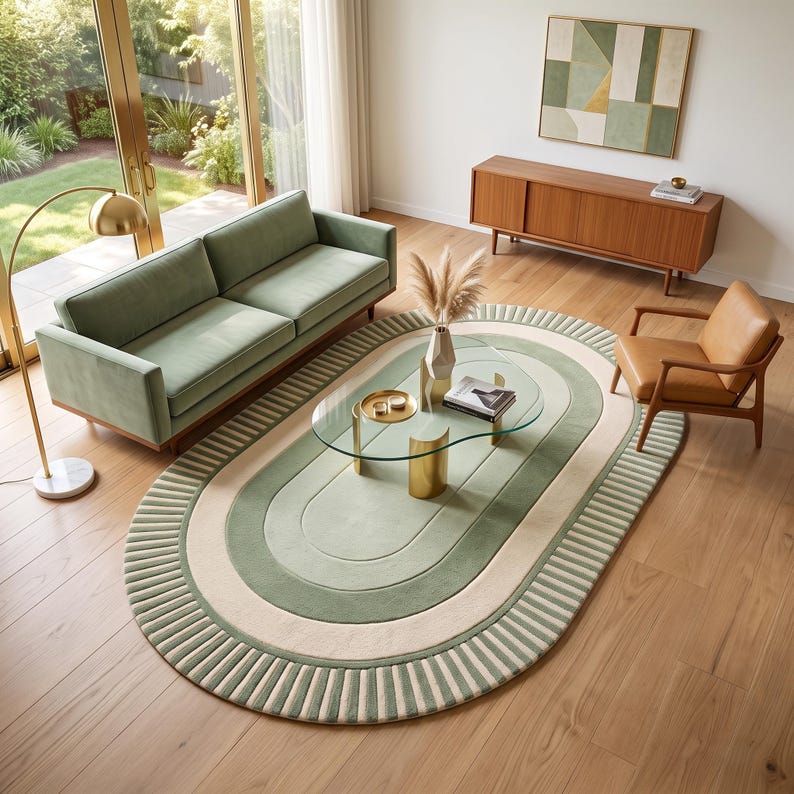 Deco Design Rug Geometric Striped Border Oval Rug, Sage Green Cream 3D Carved Wool ...