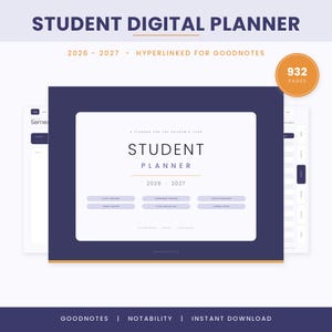 Può includere: Un planner digitale per studenti per l'anno accademico 2026-2027, con una copertina blu scuro e il testo bianco Student Planner. L'interfaccia include schede con collegamenti ipertestuali per Goodnotes, 932 pagine, orari e registri di studio.