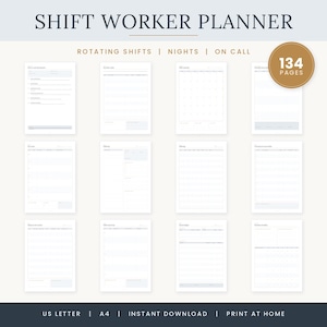 May include: A digital shift worker planner with 134 pages, featuring various templates for rotating shifts, nights, and on-call schedules. The layout includes monthly calendars, daily logs, and tracking sheets with clean, white pages and dark text.