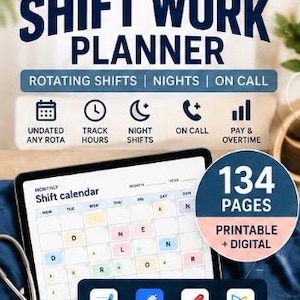 Könnte beinhalten: Ein digitaler Schichtarbeitsplaner auf einem Tablet-Bildschirm mit einem monatlichen Kalenderraster und buchstabierten Schichtcodes. Der Text lautet SHIFT WORK PLANNER, 134 PAGES, PRINTABLE + DIGITAL, inklusive Icons für GoodNotes, Notability, Noteshelf und Xodo.