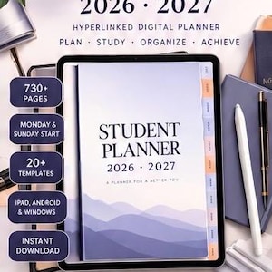Può includere: Un pianificatore studentesco digitale per il 2026-2027 visualizzato su uno schermo di tablet. L'interfaccia presenta un grafico di paesaggio montano, navigazione a schede e testo che include 730+ pagine, inizio lunedì e domenica, 20+ modelli.