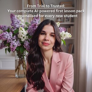 May include: A person with long dark hair wearing a light pink blazer, positioned next to a clear glass vase filled with purple and white lilac flowers. The text reads: From Trial to Trusted: Your complete AI-powered first lesson pack personalised for every new student.