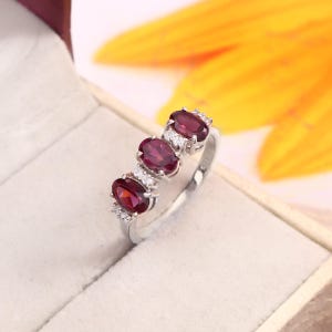 Natural Ruby Ring, 925 Sterling Silver Three Stone Ring, July Birthstone Gift