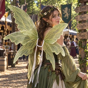 May include: A pair of large, translucent, light green fairy wings with a glittery finish and white ribbon straps, worn over a dark green dress with long sleeves and a floral crown featuring small white flowers and green leaves.