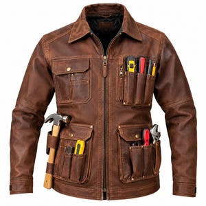 May include: A brown leather utility jacket featuring a full-length front zipper, a pointed collar, and multiple exterior pockets. The pockets contain various tools, including a hammer, a wrench, and several screwdrivers.