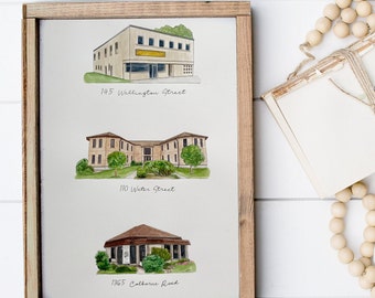 Mehrere Gebäude Handgezeichnete Haus Zeichnung, Haus Portrait, Einweihungsgeschenk, Makler Geschenk, Abschlussgeschenk, Papier Jahrestag, neues Zuhause